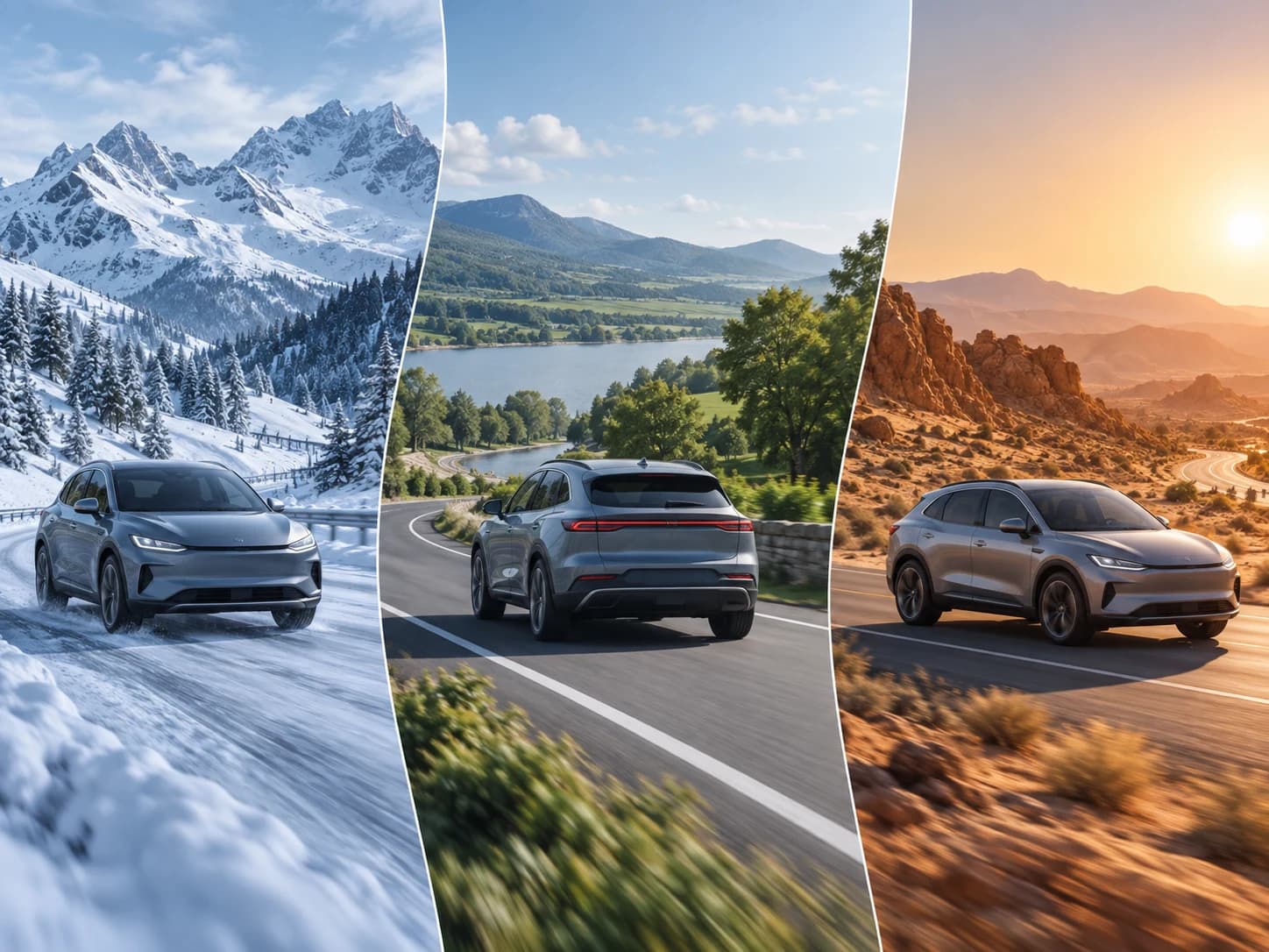AI-generated editorial illustration of electric vehicles in snowy, temperate and hot-climate road environments