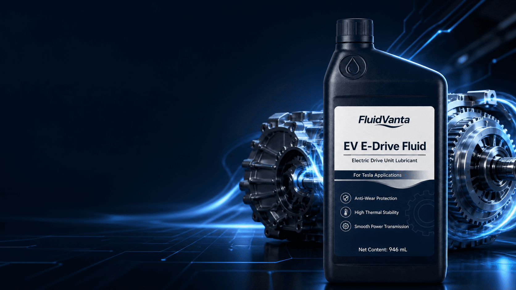 EV e-drive fluid bottle with electric drive unit system background