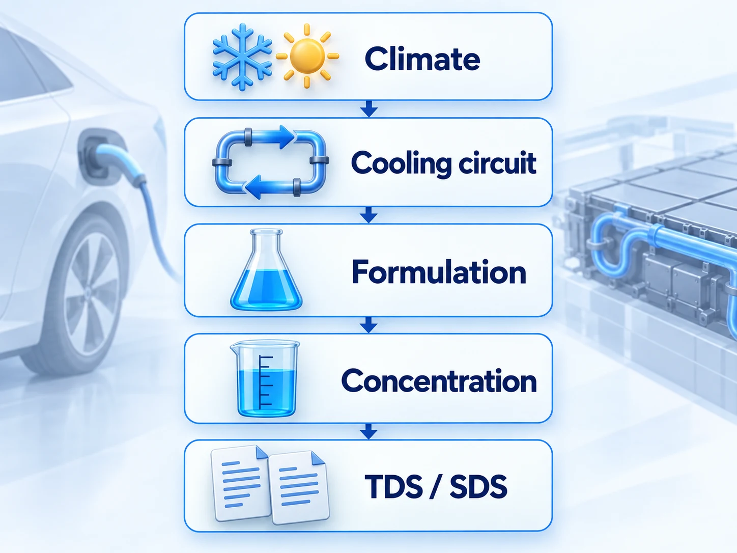 AI-generated buyer checklist covering climate, cooling circuit, formulation, concentration and TDS/SDS document review