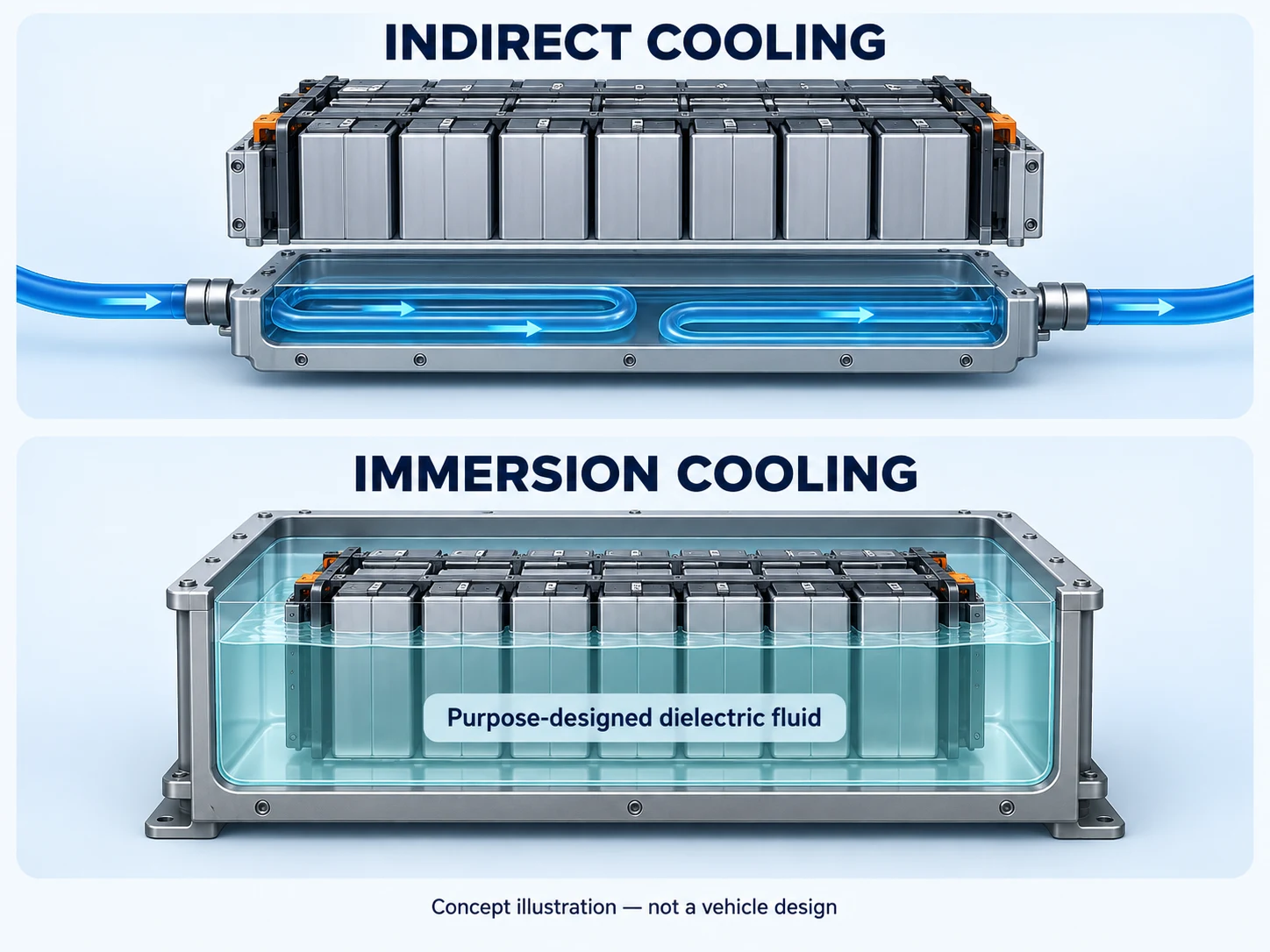 AI-generated concept comparison: coolant stays within a separate cold plate in indirect cooling, while immersion uses a purpose-designed dielectric fluid