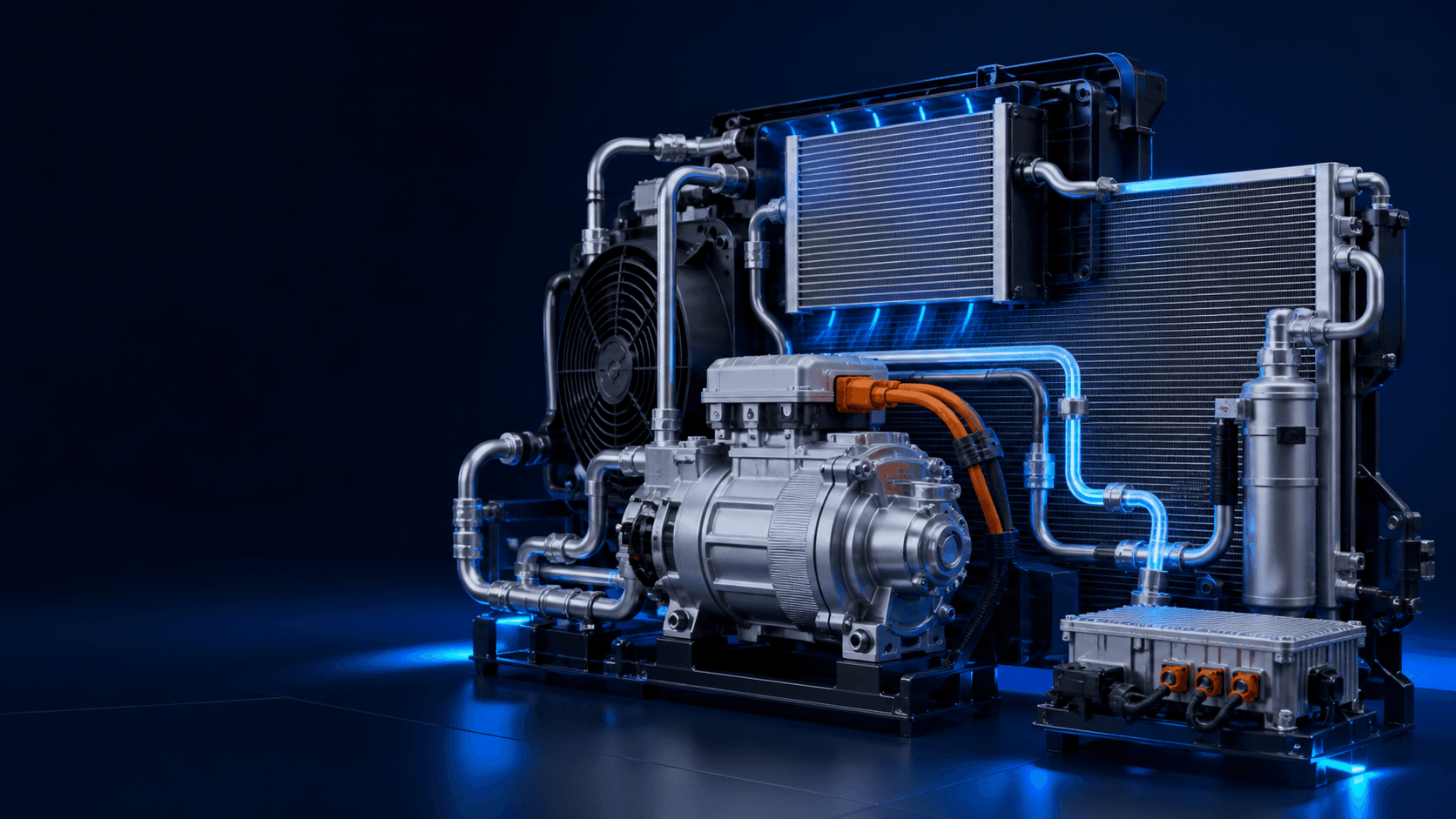 Electric vehicle A/C compressor, high-voltage HVAC refrigerant circuit and thermal management application scene