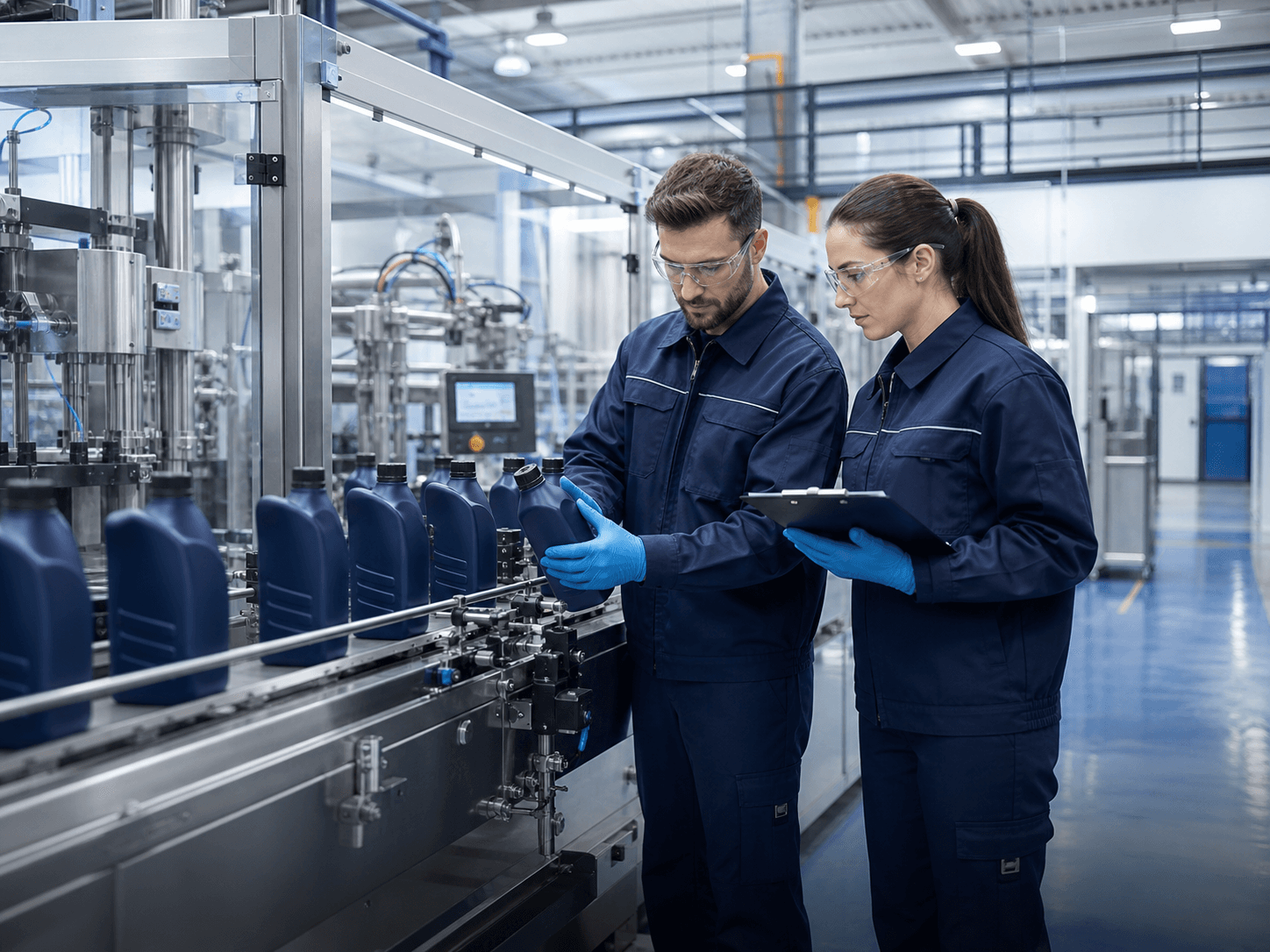Automated EV fluid filling line with technicians checking packaging quality