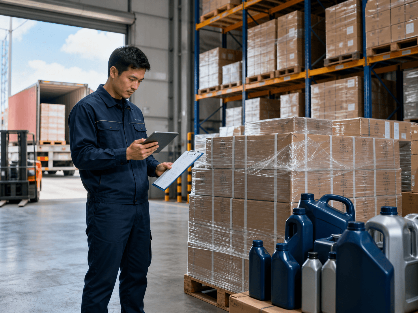 EV fluid export warehouse with pallet checks and shipping coordination