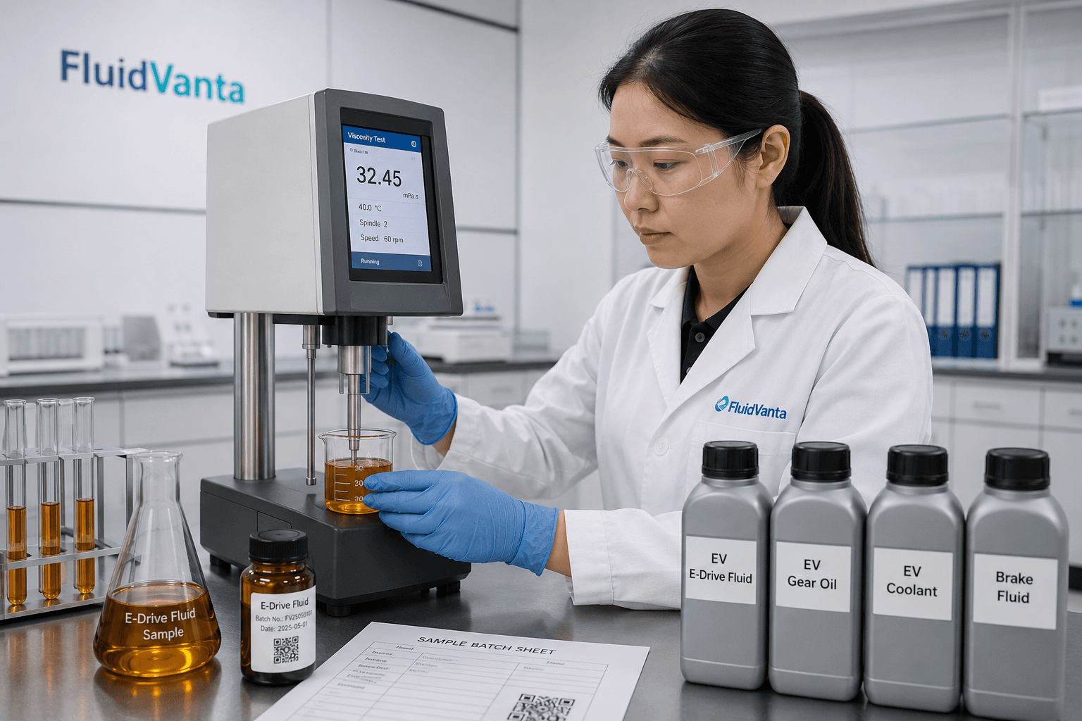 FluidVanta laboratory technician testing EV fluid viscosity