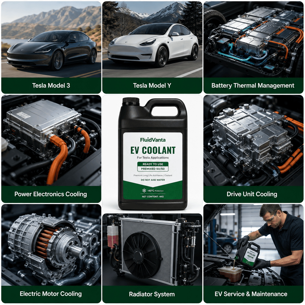 EV coolant product presentation for Tesla application reference; suitability requires confirmation