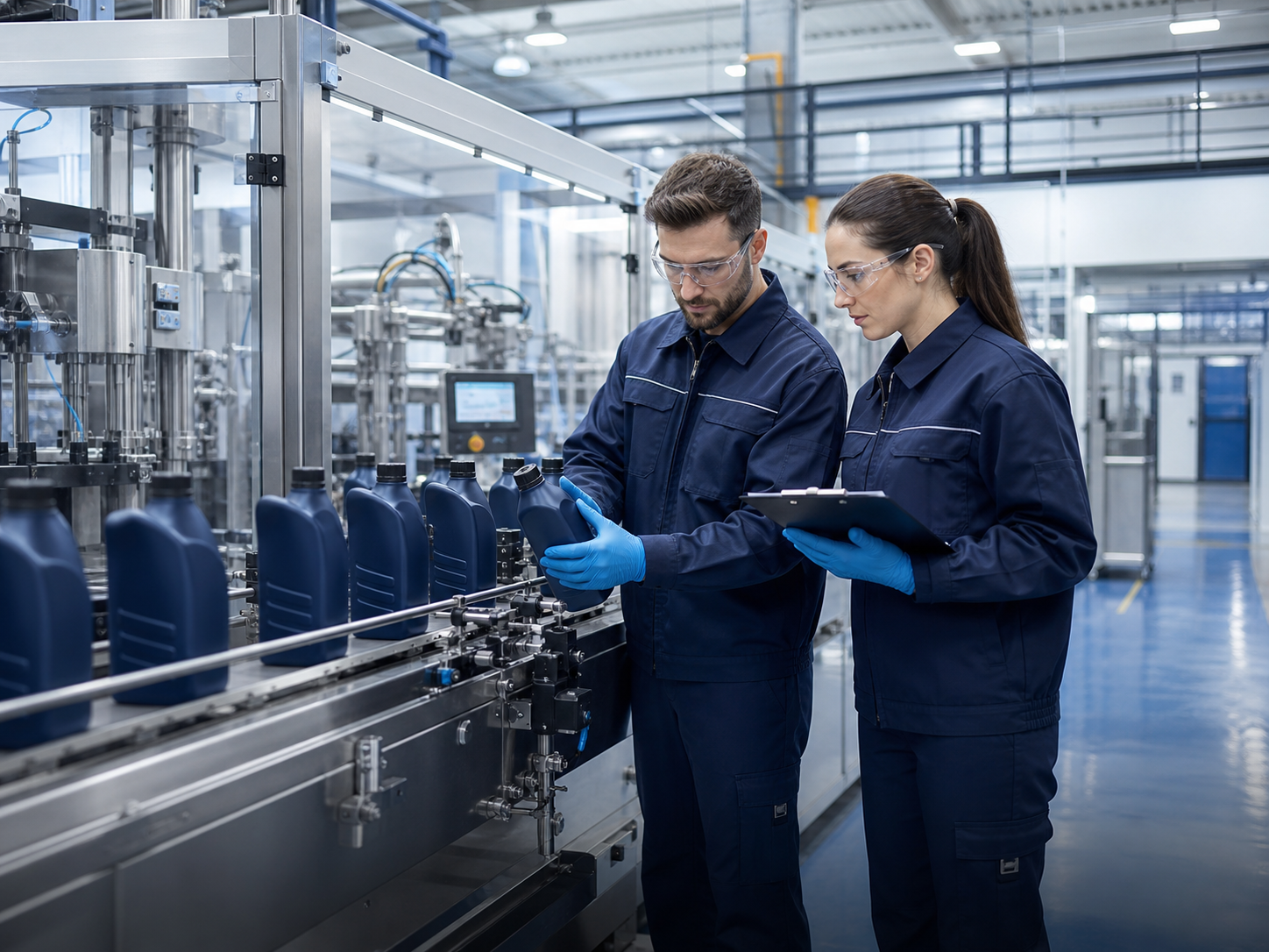 Automated EV fluid filling line with technicians checking packaging quality