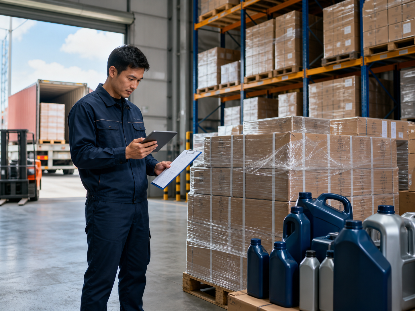 EV fluid export warehouse with pallet checks and shipping coordination