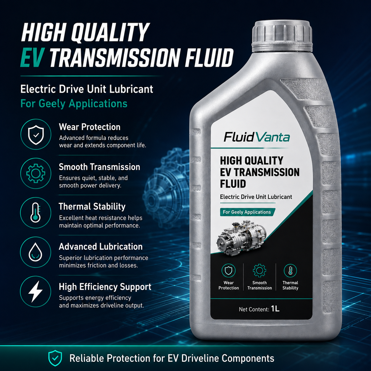 Geely EV transmission lubricant brand and packaging presentation