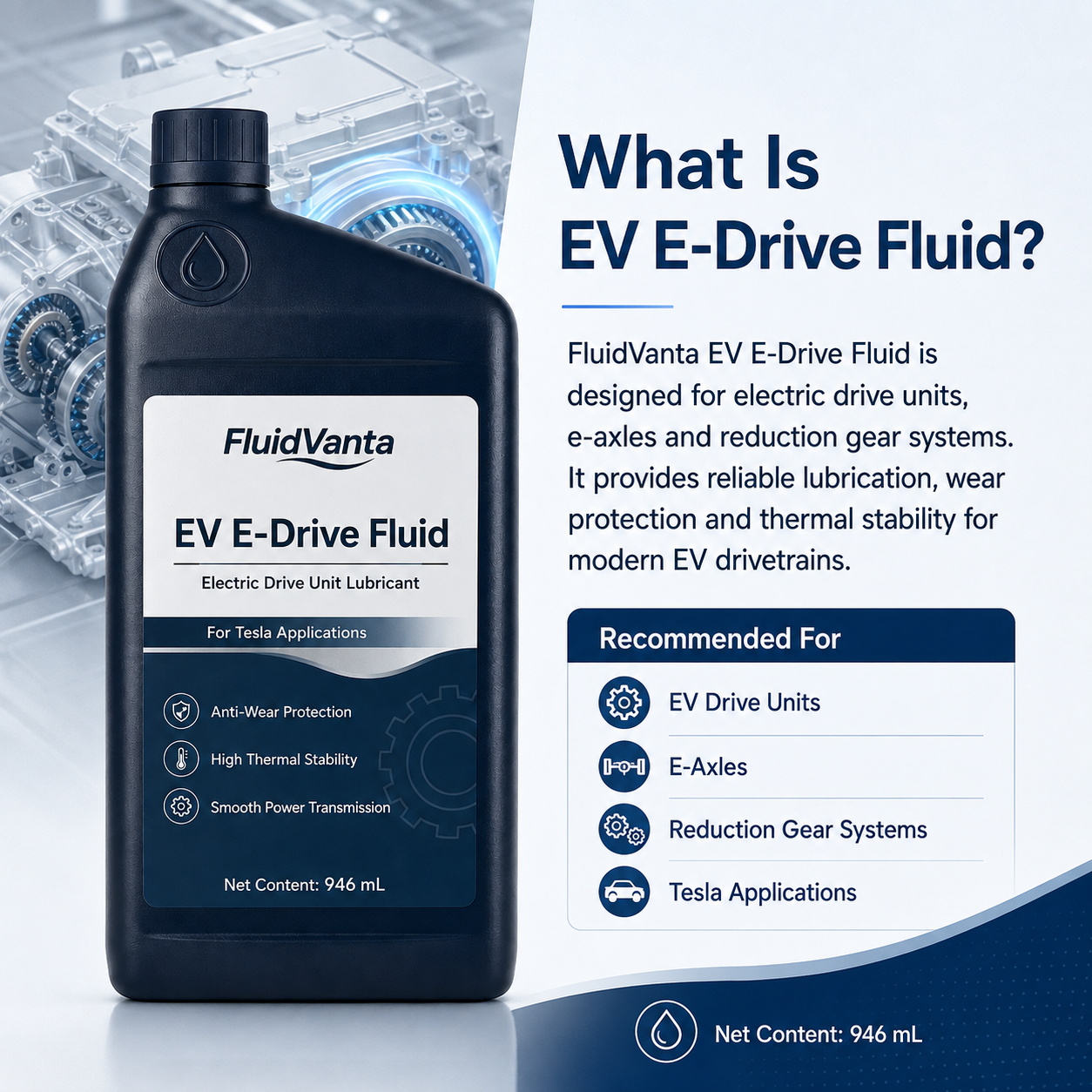 Tesla EV e-drive fluid product packaging view 5